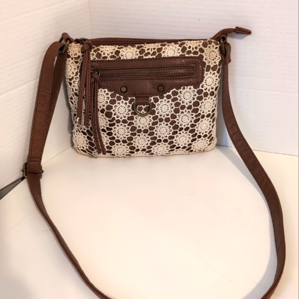 Bohemian‎ Floral Crocheted Brown and Cream Crossbody Bag